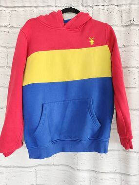 Dutch Bros Medium Mens Hoodie Sweatshirt Retro Colorful Re Yellow Blue Stripe